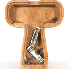 a wooden toilet with money and spoons in the bottom section, on a white background