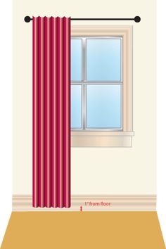 the measurements for a curtain in front of a window with red drapes on it