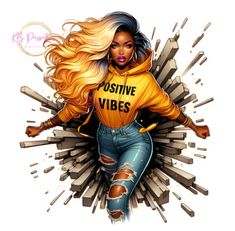 a drawing of a woman in ripped jeans and an orange hoodie with the words positive vibes on it