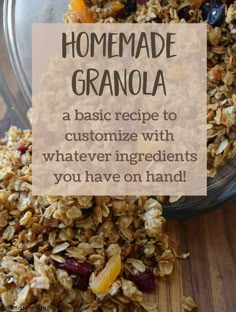 homemade granola recipe in a glass bowl on a wooden table with text overlay