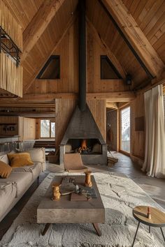 a living room with wood paneled walls and a fire place in the middle of it