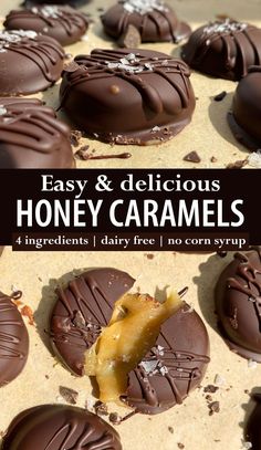 chocolate covered honey caramels with text overlay reading easy and delicious honey caramels