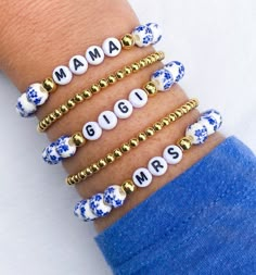 Darling, Southern Bell Bracelet  🦋 Blue Floral Porcelain Beads 💙🤍 Personalize with name or word ✨✨ Blue floral beads with letter beads and 18k gold filled beads for no tarnish. Great quality and durability Add name in personalization section✨ CARING TIPS FOR YOUR JEWELRY ⭐️Treat and store with care. ⭐️ For longevity, avoid exposing your jewelry to water. ⭐️ Avoid having direct contact with lotions, perfumes, sanitizers as these chemicals may cause discoloration of your jewelry. Blue Jubilee Stretch Bracelet As Gift, Blue Jubilee Bracelet As A Gift, Personalized Blue Beaded Bracelets As Gift, Personalized Blue Beaded Bracelets For Gift, Personalized Blue Round Beaded Jewelry, Personalized Blue Round Bead Jewelry, Personalized Blue Bracelets, Personalized Blue Round Beads Jewelry, Blue Beaded Bracelets With Letter Beads As Gift