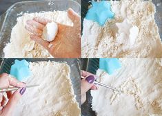 four pictures showing how to bake a cake with blue icing and white frosting