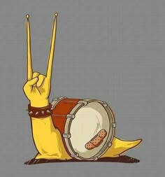 a cartoon banana with a sausage on it's side laying down next to a drum