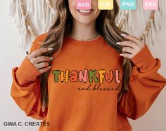 a woman wearing an orange sweatshirt with the words thank you and friends on it