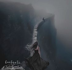 a woman walking down a long narrow path in the middle of a mountain with an open book