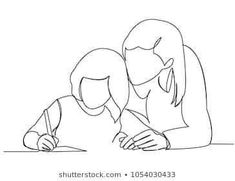 one single line drawing of mother and child writing on paper