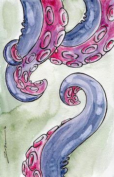 watercolor and ink drawing of an octopus with pink tentacles on it's tail