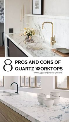 marble countertops with the words 8 pros and cons of quartz worktops