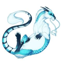 a blue and white dragon sitting on top of it's back legs in the air