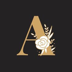 the letter a with flowers and leaves on it is shown in gold, against a black background