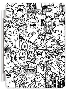 a black and white drawing of many different cartoon characters on a piece of art paper