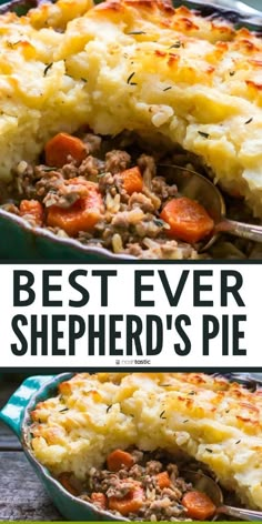 the best ever shepherdd's pie recipe is shown in two images