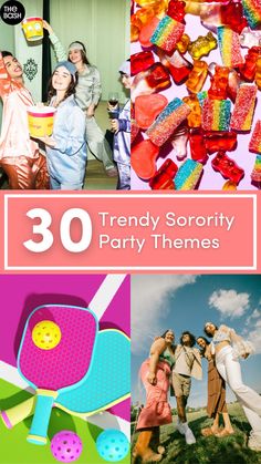 there are many candy themed items in this collage with the words trendy sorry party themes