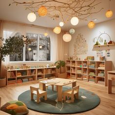 a child's playroom with wooden tables and chairs