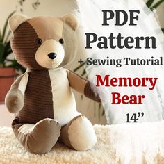 This Memory Bear sewing pattern is specially designed to make a sentimental Keepsake Bear that holds a special place in your heart. With this easy to follow PDF bear sewing pattern you can craft a touching memorial bear, capturing the essence of your beloved memories. INSTANT DOWNLOAD PATTERN for a memory bear. Includes BONUS pattern for teddy bear pants and instructions how to use safety eyes! You receive immediately: - NEW and IMPROVED PDF memory bear sewing instructions with plenty of clear photos - Memory bear pattern with all lines remade so it's easier to follow - Original instructions - Pants sewing pattern and detailed instructions - Easy to read step-by-step directions how to attach safety eyes ⁕ Your finished bear will be 18 inches (46 cm) from top of head to toe; 13 inches (33 c Patchwork Teddy Bear Pattern, Memory Bears Pattern Free Printable, Diy Teddy Bear Pattern, Simple Teddy Bear Pattern, Memory Crafts From Clothes, Bear Patterns Free Sewing, Teddy Bear Pants, Teddy Bear Template, Memory Bears Pattern Free