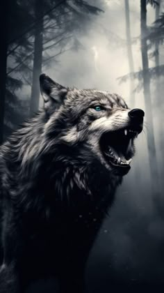 a wolf with its mouth open in the woods