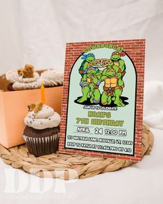 a teenage mutant birthday party with cupcakes and an image of tmnt