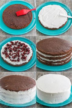 four different types of cake on plates with frosting and cranberry toppings