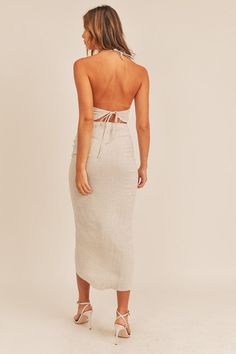 Linen open back sleeveless halter crop top with back tie, midi front side drawstring skirt. linen/cotton Chic Sleeveless Linen Halter Top, Chic Linen Sleeveless Halter Top, Chic Cropped Beach Dress, Fitted Summer Halter Top With Lace-up Back, Chic Linen Halter Neck Top, Chic Linen Halter Top, Fitted Linen Halter Neck Top, Fitted Linen Halter Top, Chic Linen Halter Top For Beach