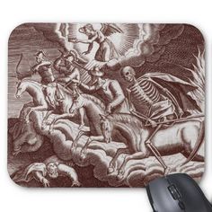 a mouse pad with an image of skeletons on it and a skeleton riding a horse