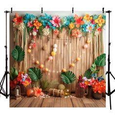 an image of a backdrop with flowers and plants on the wall in front of it