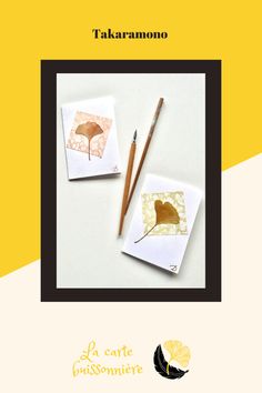 Cartes artisanales avec de véritables feuilles de Ginkgo biloba peintes couleurs or et cuivre sur du papier washi aux motifs de takaramono, trésors porte-bonheur.
Handmade cards with real Ginkgo biloba leaves painted in gold and copper on washi paper with takaramono motifs, lucky charms.