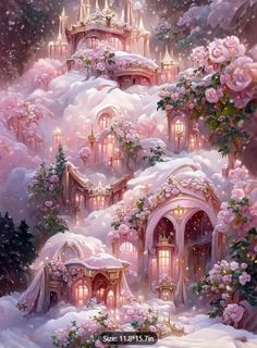 a painting of a castle surrounded by flowers and trees in the snow with pink roses on it