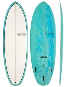 two surfboards are shown side by side, one is blue and the other is white