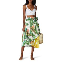 White and green printed cotton (100% Cotton). Skirt. Wrap closure. Partially lined. 33" from shoulder to hemline. Imported. Palm Leaves Pattern, Midi Wrap Skirt, Skirt Wrap, Rent The Runway, Farm Rio, Green Print, White Skirts, Wrap Skirt, Printed Cotton