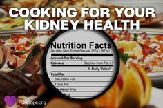 a magnifying glass looking at food with the words cooking for your kidney health