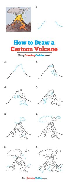 how to draw a cartoon volcano with easy step by step instructions for kids and adults