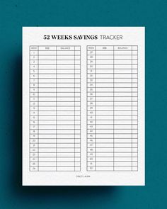 the printable 52 weeks saving tracker is on top of a blue surface with a green background