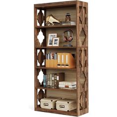 a wooden book shelf filled with books and other items on top of it's shelves