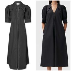 Condition: Excellent Pre Owned, Worn Once. No Damage Or Flaws. Size Eu 36= Approx. Us Size 4 Has White Contrast Stitching 100% Organic Cotton Unlined Pull-On Styling Puff Sleeves With Button Closure Side Seam Pockets Poplin Fabric Midi Dress Black, Poplin Fabric, Contrast Stitch, Black Midi Dress, Cotton Poplin, Puff Sleeves, Dress Black, Puff Sleeve, Organic Cotton