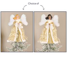 two pictures of angel figurines on top of each other, one with wings