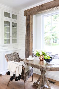 a dining room table with two chairs next to it