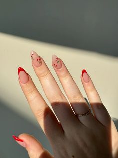 almond summer cherry red french tip nails Red French Tip With Cherries, Red French Tip Nails With Cherries, Nails With Strawberry Design, Red Nails French Tip Almond, Cherry Red Summer Nails, Short Almond Red French Tip Nails, Red Nails With White Design, Summer Cherry Nails, French Tip Nails Unique