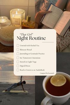 Discover the ultimate "That Girl" night routine to unwind, recharge, and set yourself up for a productive day ahead. From calming skincare rituals to mindful journaling and cozy self-care habits, this routine will help you prioritize wellness and glow from within. Perfect for anyone looking to embrace healthy, balanced evening habits. #ThatGirlRoutine #SelfCare #NightRoutine #HealthyHabits #GlowUp Productive Routine Aesthetic, Perfect Routine Aesthetic, Self Care Photoshoot Aesthetic, Routine Vision Board, Motivation Routine, Winter Habits, Recharge Yourself, Relaxing Evening