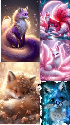 four different pictures of foxes with flowers in their hair and one fox is sleeping on the ground