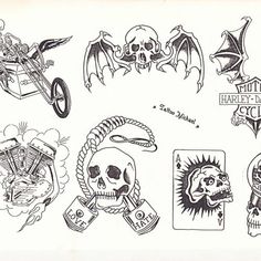 several different tattoo designs are shown in this drawing style, including skulls and other symbols