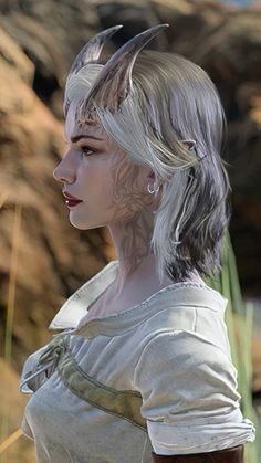 a woman with white hair and horns standing in front of rocks