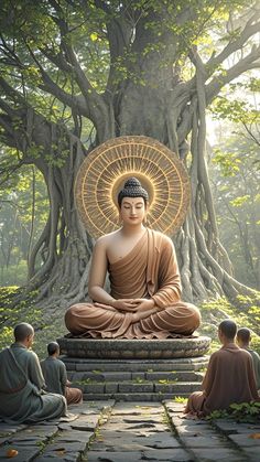 the buddha statue is sitting in front of some people and there are many trees behind it