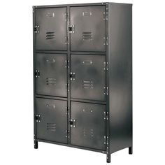 a metal locker with four doors and five drawers on one side, the door is open