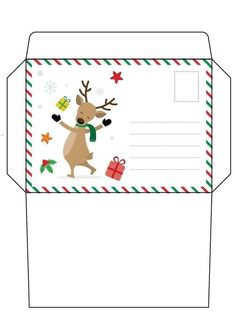 an envelope with a reindeer holding a christmas present on it's front and side