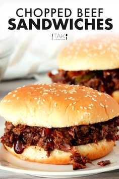 Chopped Beef Sandwiches on a white plate . Brisket Leftovers, Brisket Sandwich Recipe, American Comfort Food Recipes, Brisket Sandwiches, Chopped Beef, Beef Brisket Sandwich, Bbq Beef Sandwiches, 3 Ingredient Dinners, Beef Sandwich Recipes