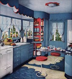 an old fashioned kitchen with blue walls and red trimmings on the cabinets, windows, and floor