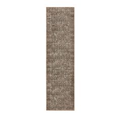 the runner rug is shown in grey and beige tones, with an intricate pattern on it