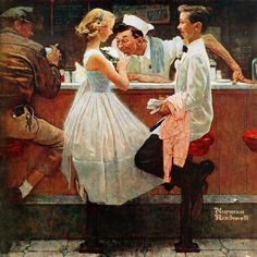 a painting of a man and woman talking to a sailor at the bar by norman rockwell